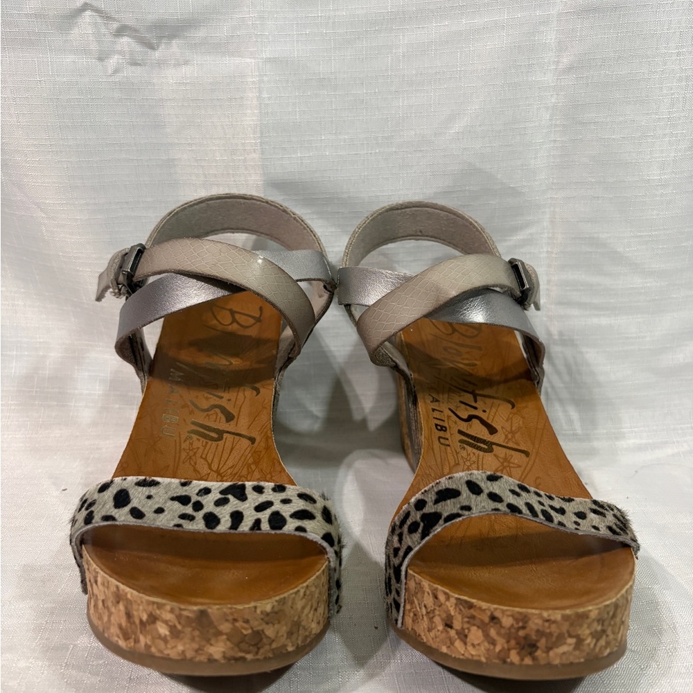 Blowfish Malibu Taupe and Leopard Cork Wedge Sandals